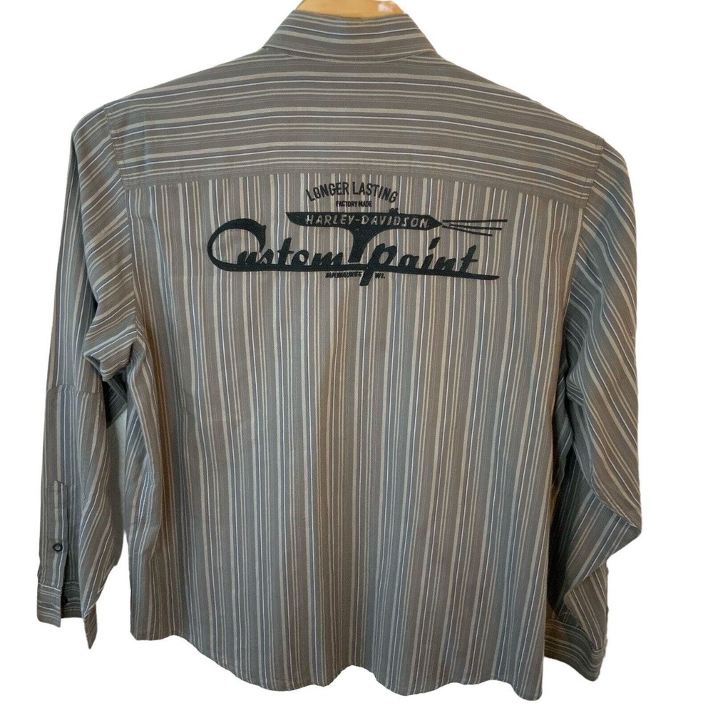 Harley Davidson Mens Shirt Size XL Grey Striped Long Sleeve Embroidered‎